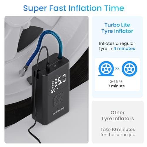 Ambrane Wired Tyre Inflator Air Pump for Cars with Digital Display & LED Light, 60W with up to 100 Psi, Portable Air Compressor, with Nozzles for Car, Bike, Motorcycle, Sports Ball (Turbo Lite Black) 4
