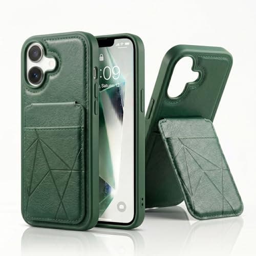 amazon basics Premium Vegan Leather Back Cover with Card Holder and Integrated Mobile Stand for iPhone 17 – Slim Shockproof Wallet Case with Geometric Stitching [Green]