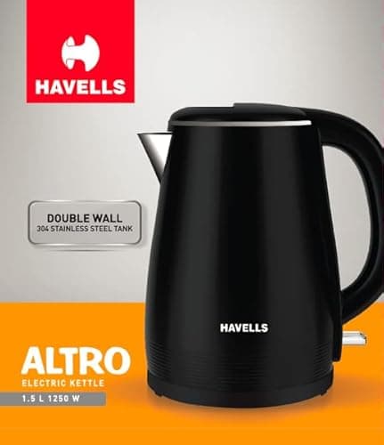 Havells Electric Kettle Altro 1250 Watts 1.5 liters, Double Layered Cool Touch Outer Body | 304 Rust Resistant SS Inner Body with Auto Shut Off | Wider Mouth | 2 Yr Manufacturer Warranty (Black) 2