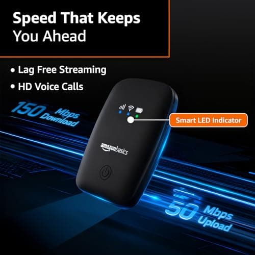Amazon Basics 4G LTE Wireless Dongle with All Sim Network Support|Single_Band Plug & Play Data Card Stick with Up to 150Mbps WiFi Hotspot|2200Mah Rechargeable Battery| Sim Adapter Included (Black) 3