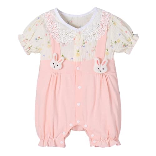 Hopscotch Girls Short Sleeves Pink Lace Collar Floral Cotton Romper For Ages (6-9 Months)