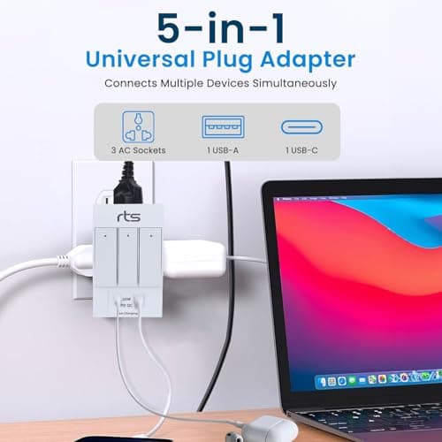 rts 3 Pin Multi Plug Socket-Worldwide Universal Travel Adapter with USB Ports & Type-C PD Individual Switch Safety Shutter LED Indicator-3 Way Plug Socket (5A-250V) Type D Plug for Home Office White 2