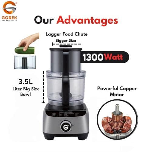 Gorek Technologies 1300W Food Processor with Copper Motor | 13-in-1 Multifunction Mixer Grinder | Premium Design & Finish Stainless Steel Jars, Dough Kneader, Citrus Juicer & Slicing Blades | GT-FP101 4