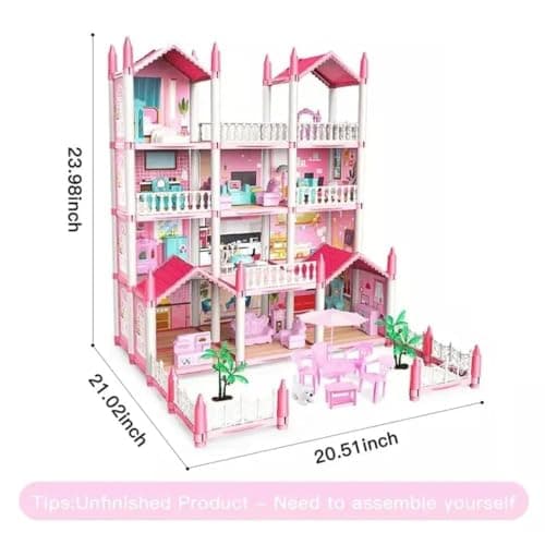 4-Story Dollhouse with 16 Rooms – Pretend Play House for Girls with Furniture & Accessories, DIY Building Toy Gift for Kids Age 3–10 Years 2