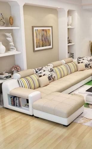 Torque - Callister 12 Seater Interchangeable Sofa for Living Room (Left Side, Beige & White) | Large U Shape Fabric Sofa Couch with 4 Puffy & Storage | 1 Years Warranty 3
