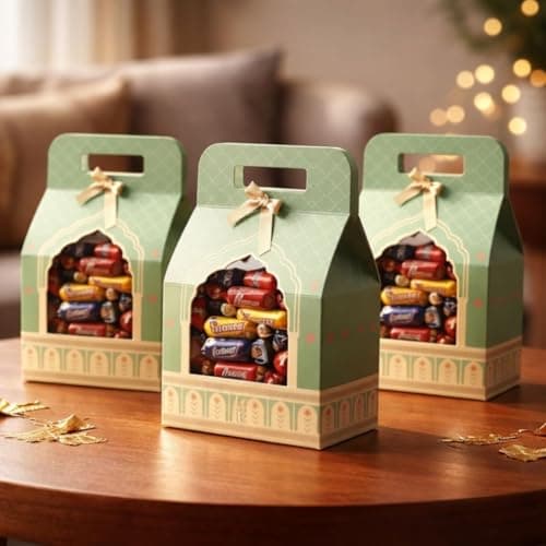 SATYAM KRAFT 5 Pcs Multipurpose Foldable Decorative Rajwadi Hamper Boxes with Handle & Ribbon | Gifting & Gift Packaging for Wedding Return Gift Birthday festive Gifting Dryfruits sweets (Green, Small