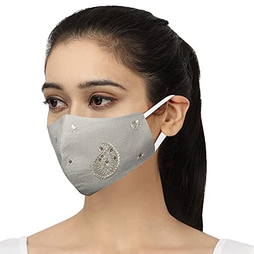 MASQ Lotus 4 Layer, Reusable, with Ear Adjusters, Anti-Bacterial BFE>99% Embroidered Linen Cloth Face Mask Combo for Women (Large, White-Red-Beige, Pack of 3)., Linen, Without Valve 2