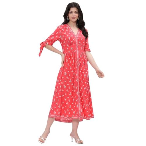 Rangriti Women Coral Viscose Rayon Flared Dress_46 3