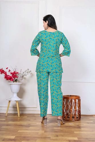 Women's Cotton Printed Co-ord Set | Stylish Kurta Pant Set | Soft Breathable Floral Co-Ordination Wear | Trendy Ethnic Outfit for Daily, Casual & Festive Comfort (Rama-XX-Large) 2