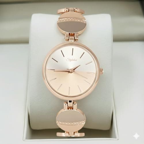 styledose Women’s Elegant Silver-Tone Bangle Watch Women Analogue Wrist Watches for Women's & Girls&Ladies Diamond Studded Rosegold Stylish Bracelet Strap (Rose Gold) 3