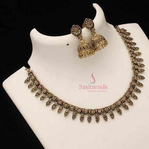 Sasitrends Oxidized German Antique Gold Necklace with Earrings for Women and Girls 2