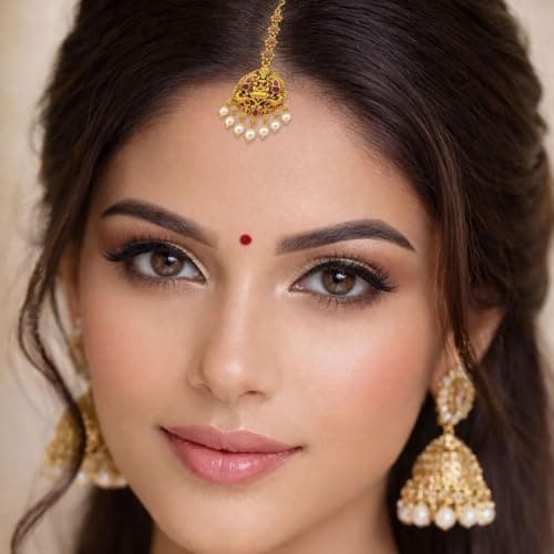 VAMA FASHIONS Traditional Matt Gold Plated Ruby CZ Stone Pearl Maangtikka Papdibilla Temple Maang Tikka Wedding Jewlery For Women & Girls (Laxmi maang tikka) 2