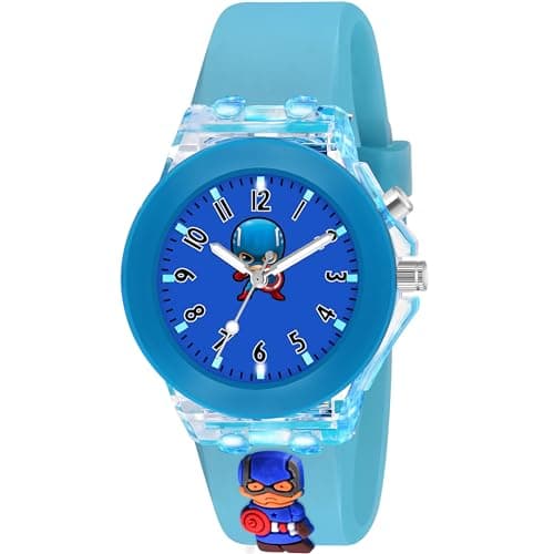 Shocknshop Nylon 3D Cartoon Analouge With 7 Color Glowing Disco Light Unisex Analogue Watch For Kids Girls And Boys (Sky Blue Dial), Blue Band