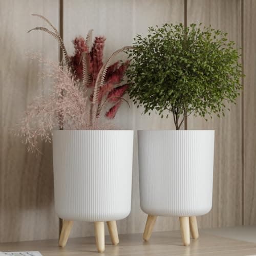 LEAWALL Modern White Flower Pot with Stand | Large Indoor Outdoor Planter for Home Garden Balcony Living Room | Italian Ribbed Design Tall Decorative Plastic Plant Pots with Legs (White, 1)