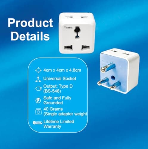 Embox 2 Pin Multi Plug Socket Type D Universal Adapter Compatible with US, UK, China Compact Plug Extension Socket and Converter for Computer Laptop Phone Camera, 6A Pack of 1 5