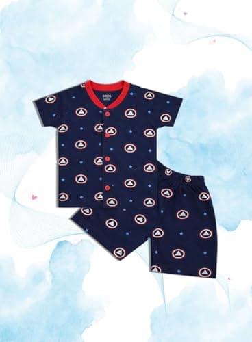 3BROS Kids Pure Cotton Night Suit Set | Boys Girls Printed Sleepwear Shirt & Shorts Clothing Combo | Soft Breathable Nightwear Outfit (Olive::Navy Blue-Combo-Pack of 2, 18-24 Months) 3
