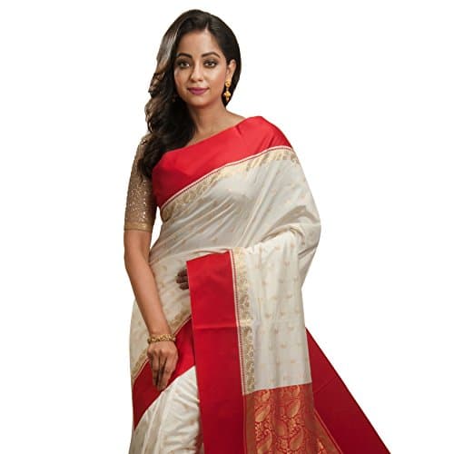 Avik Creations Women's Kanchipuram Art Silk Saree With Running Blouse (AC-706_Red & Off-White) 2