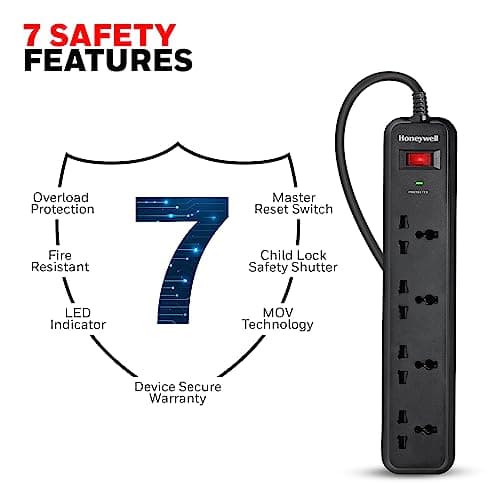 Honeywell Surge Protector, 4 Universal Sockets,15000Amp, 2 Meter Cord, Device Secure Warranty, Automatic Overload Protection, Spike Guard/Extension Board, Master Switch, 3Years Manufacturer Warranty 3