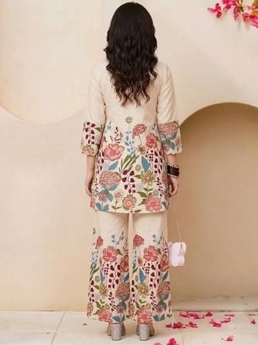 Women's Ethnic Co-Ord Set | Kurta Pant Set | Kurta Palazzo Set | Stylish Cotton Suit Set for Women, Festival Co-ord Set (in, Alpha, 3XL, Regular, Woman, Floral Off-White) 3