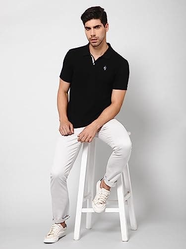 Cantabil Men's Cotton Blend Solid Polo Neck T-Shirt (Regular Fit) Black 6