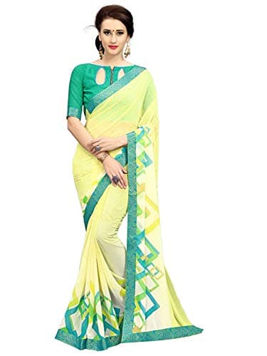 RAJESHWAR FASHION WITH RF Women's Abstract Printed Georgette Sarees For Women With Jacquard Lace Border & Blouse(A16 YELLOW_Multicolored_Free Size 6.30 Mtr)