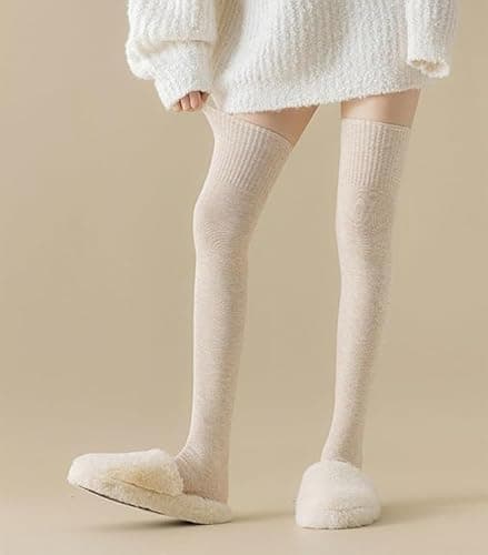 AVNISH Thigh High Socks for Women - Fluffy Over Knee Fuzzy Warm Extra Long Soft Compression Leg Stocking Casual Warmers Warm Thermal Wool Over Knee Winter Socks, Stretchy Cotton Blend Socks (Beige) 3