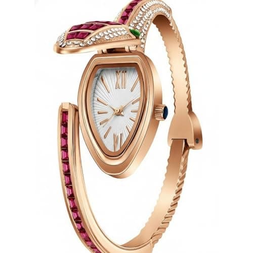 CLEO Be Bold Be You Women’s Gold Bracelet Watch | Snake Coil Cuff Style | Crystal Studded Oval Dial | Elegant Jewellery Watch for Women & Girls | Party, Wedding & Festive (Fiery Red) 4