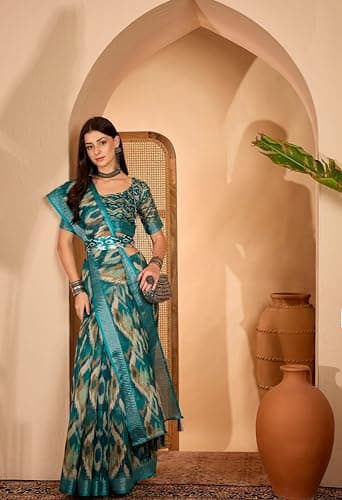 OYZO Women's Silk Blend Saree with Ikat Print, Teal and Beige, Traditional Indian Ethnic Wear 3
