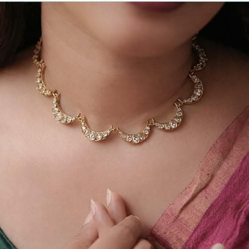 Visaga Aura Premium Traditional Kundan Crescent Moon Necklace Set for Women | Gold Plated White Stone Ethnic Jewellery with Matching Earrings | Indian Bridal Wedding Festive Statement Necklace 3