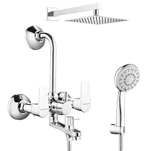 Nyra Series Brass, Wall Mixer For Bathroom 3 in 1 | With 6x6 Inches Overhead Shower Set | 5 Flow Hand Shower Set with 1.5 Meter Hand Shower Pipe | Wall Mixer | Shower Set (Chrome)