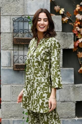 Aaryavar Women’s Cotton Co-Ord Set | Stylish 2-Piece Top & Pant Set | Casual & Comfortable Wear (Olive Green, L) 3