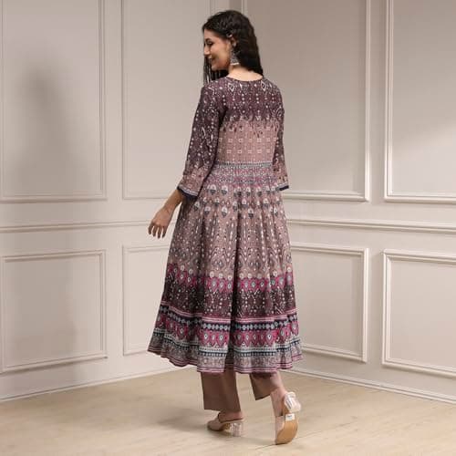 Biba Women Mud Brown Cotton Anarkali Printed Kurta Set_34 5