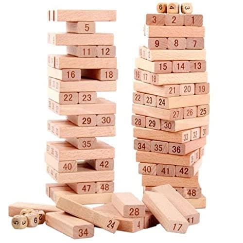 PRIME DEALS Wooden Blocks 51 Pcs 4 Dice Building Blocks Game Challenging Tumbling Tower, Wooden Stacking Toys with Dices Board Educational Puzzle Game for Adults and Kids (Wooden) 5