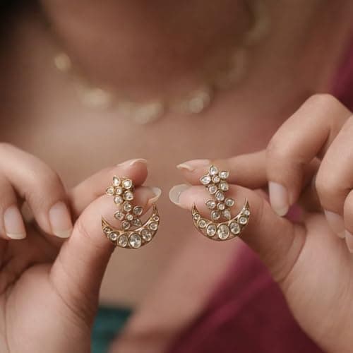 Visaga Aura Premium Traditional Kundan Crescent Moon Necklace Set for Women | Gold Plated White Stone Ethnic Jewellery with Matching Earrings | Indian Bridal Wedding Festive Statement Necklace 4