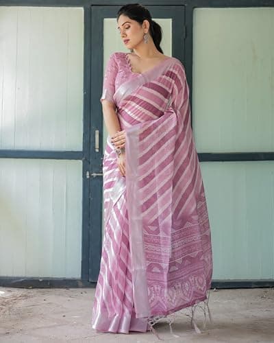 Kaugalian store Linen Cotton Stripe Printed Pink Saree For Women With Unstitched Blouse Piece 2