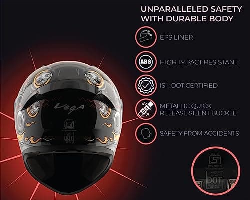 Vega Bolt Superhero ISI Certified Full Face Motorcycle Helmet with Impact Resistant ABS Shell High Density EPS Liner Scratch Resistant Visor Quick Release Buckle Comfortable Inner Padding Black Red He 4