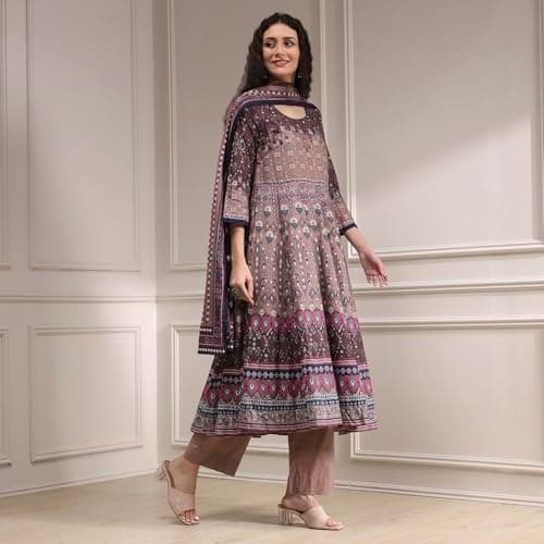 Biba Women Mud Brown Cotton Anarkali Printed Kurta Set_34 4