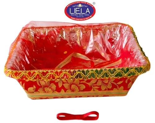 LIELA Decorative Gift Basket, Red with Gold Floral Design, Square, 20x30 cm, Set of 6 for Diwali, Rakhi, Wedding, Navratri, pooja etc. pack variety of items and make premium gift hamper 5