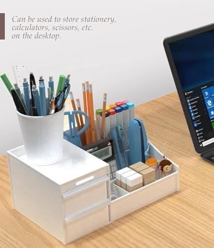 UCRAVO Office Desk Organizer Box with Drawer, 8-Compartment Desktop Storage Rack for Pen, Stationery, Paper, Files & Accessories, Multi-Functional Office Supplies Holder for Home & Work 2