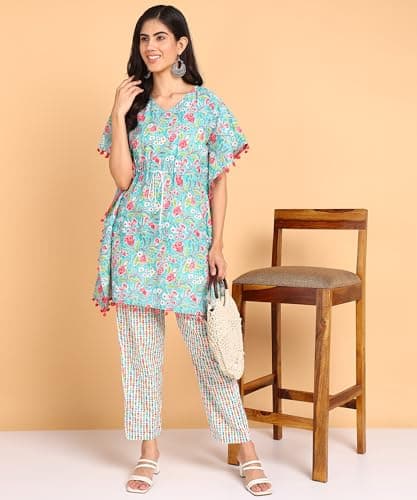 BLOCKS OF INDIA Coords Set in Pure Cotton Kaftan Style Hand Block Print Co Ord Set for Women (X-Large, Turquoise) 3