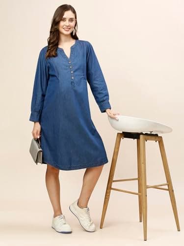 MomToBe Women's Denim Maternity Dress with Zippers for Nursing Pre and Post Pregnancy (Yale Blue ; XX-Large) 2