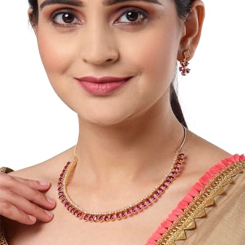 ZENEME Gold Plated American Diamond Necklace with Earrings Jewellery for Women & Girls (Purple) 2