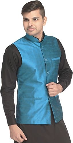 Exotic India Men's Art Silk Waist Coat (SPE97_Swedish Blue_42) 3