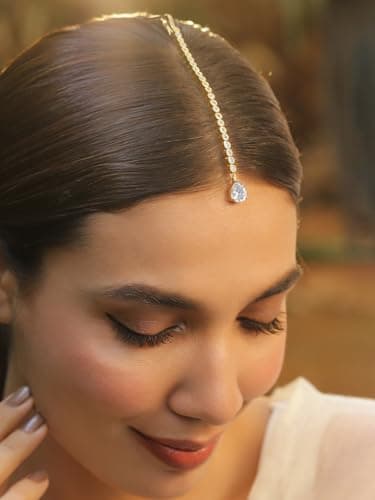 Rubans Stylish 22KT Gold Plated Cubic Zirconia Studded & AD Drop Handcrafted Maang Tikkas 2
