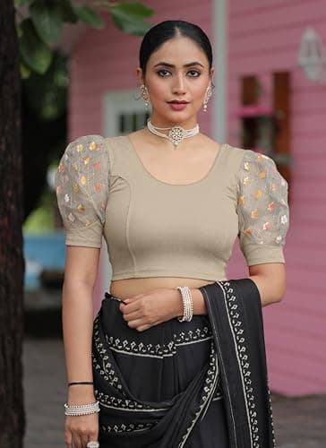 Amazon Brand - Anarva Round Neck Lycra Stretchable Puffed Elbow Sleeve Readymade Saree Blouse for Women Stylish (roli-Silver-Blouse-XL) 3