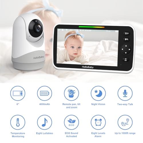 HelloBaby 6”IPS Large Screen, Video Baby Monitor with Upgraded 4000mAh Battery, 2-Way Talk, Night Vision, Pan-Tilt-Zoom, No WiFi, ECO Mode 2