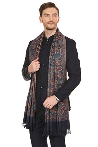 Pashtush His And Her Set Of Jamawar Stole and Shawl, Premium Gift Box Packaging, Navy Blue and Peach 5