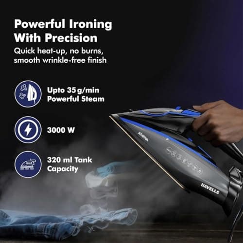 Havells Athena 3000 W Steam Iron with Smart i Sense Technology(No Fabric Burn), 2X Auto Shut Off, Vertical, Horizontal Ironing, Anti Drip, Self-Cleaning&Anti Scale Technology. (Black Blue), 3000 Watts 4