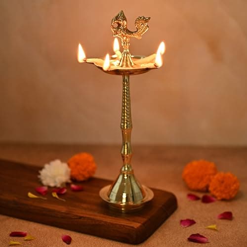 Amazon Brand Solimo - Traditional Brass Peacock Stand Diya | Antique Oil Lamp for Pooja & Home Temple Décor | Handcrafted Brass Deepam | Size: 26.7 cm Height