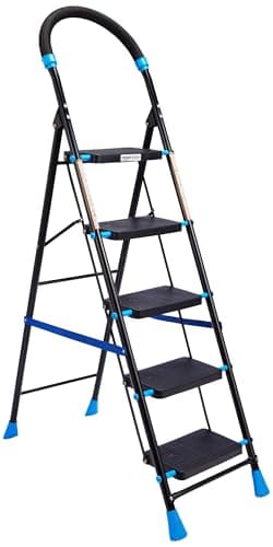 Amazon Basics Curvo-Foldable Step Ladder, Ribbed Steps, Knee Guard, Non-Marring PVC Shoes, 5 Steps (Black & Blue)